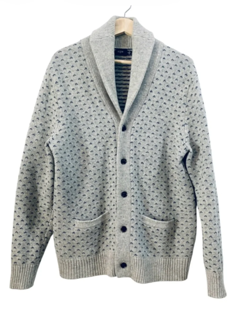 J. Crew Wool Shawl Collar Cardigan Men’s Medium Grey Birds Eye Preppy Cabincore